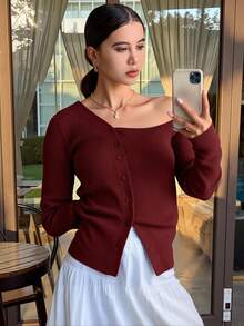 Livesso 女士不对称领口纯色修身优雅毛衣，圣诞节、节日、长袖上衣、秋装 - 酒紅色 - 查看 2