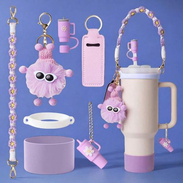 7-Piece Cup Accessory Set For 30oz And 40oz Cups, Including 1 Water Bottle Handle Strap, 1 Silicone Straw Cover, 1 Lipstick Organizer, 2 Silicone Cup Sleeves, 2 Charm Accessories