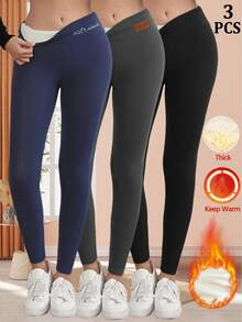 3 Stück Damen Thermoleggings, hoher Bund einfarbig & Stickerei Lässig Sport Strumpfhosen, bequeme dehnbare Basisshorts für den Winter - Verschiedenfarbig - Übersicht 2