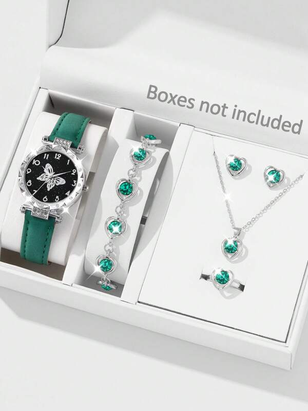 Set de 6 piezas que incluye reloj de cuarzo decorado con cristal en forma de mariposa verde y joyería, con decoración de cristal en forma de corazón, adecuado para uso casual, regreso a la escuela, regalo