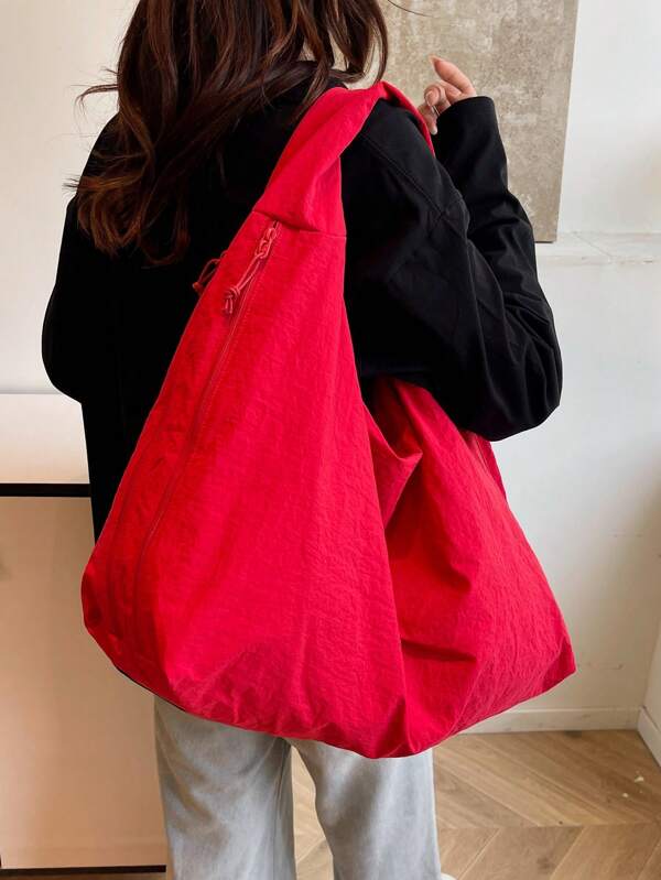 2025 Spring/Summer New Red Nylon Fabric Handbag, Large Capacity Solid Color Shoulder Bag, Casual Loose Style Tote, Versatile College Campus Bag, Simplistic Fashion Satchel, Short Trip Travel Bag, Dual Zipper Side Pockets, Crescent Shape