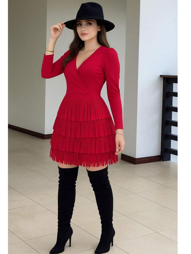 Vestido de flequillo y manga larga  Liso    Elegante  Fiesta    Tela    Envolvente  Flecos    fequillo  Noche de fiesta    otoño - Rojo - Añade 2