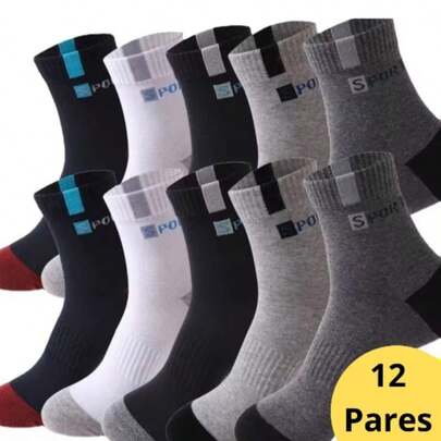 Kit de 12 Pares de Meias Sport Cano Longo Meias Masculina