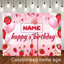 1 szt. personalizowany baner na tło do fotografii urodzinowej z motywem różowej truskawki, spersonalizowane imię i rok, kolorowa dekoracja na przyjęcie urodzinowe