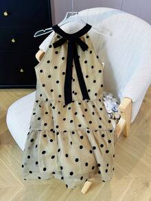 French Style Sleeveless Tie-Up Polka Dot Dress, Loose Fitting For Petites, Summer