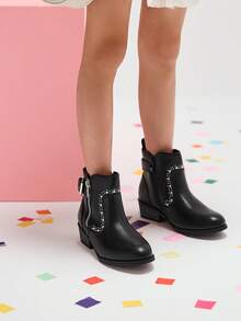 Girls Mid Calf Riding Combat Boots Zip Ankle Boots - Black - View 4