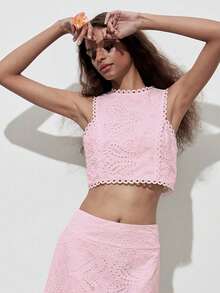 1 pieza Blusa corta sin mangas con bordado floral hueco vintage, patrón floral aleatorio - Rosa - Ver 7