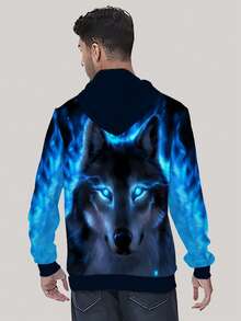 新款男士酷炫狼3D印花休闲长袖连帽衫，男士春秋季卫衣，男士连帽上衣，百搭男士休闲服饰，100%涤纶 - 彩色 - 查看 3