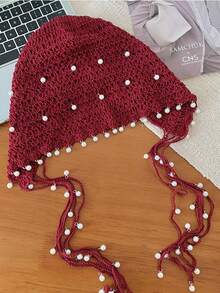 1 件镂空珍珠装饰帽，优雅百搭镂空花朵女帽，轻盈春夏时尚针织钩针头饰秋季配饰