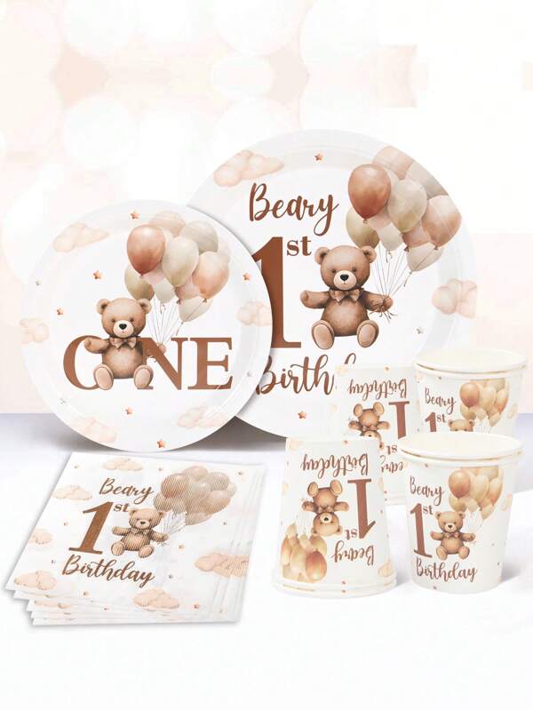 40 piezas/Set, Juego de vajilla desechable con temática de oso marrón para fiesta de 1er cumpleaños, Juego de vajilla desechable de papel con patrón de globos de oso marrón lindo para fiesta de baby shower, Adecuado para fiesta de 1er cumpleaños, fiesta de bebé recién nacido, evento familiar, decoración para revelación de género, vajilla desechable para fiesta de baby shower, bandeja desechable para alimentos, bandeja para pastel de cumpleaños
