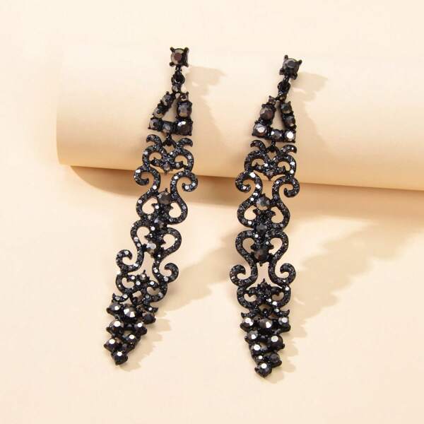 Luxurious Jewelry Rhinestone Black Hollow Long Geometric Vintage Dangle Earrings