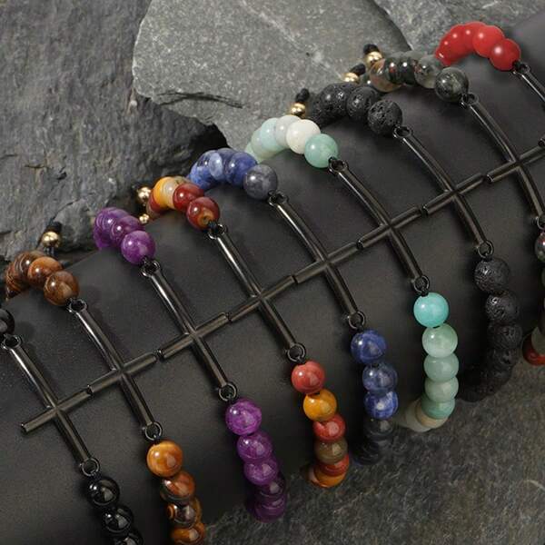 4mm Copper Beads, Gun-Colored Cross, 6mm Multicolor Volcanic Stone Semi-Precious Stones, Men's Bracelet