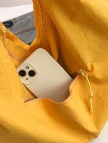 Spring & Summer New Yellow Nylon Fabric Handbag, Large Capacity Solid Color Shoulder Bag, Casual Japanese Style Tote Bag, Versatile College Student School Bag, Simple Fashion Handbag, Short Trip Travel Bag With Multi Zipper & Crescent Pocket Design - 黃色 - 查看 7