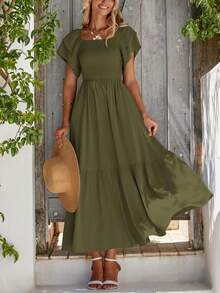 Women's Summer Casual Dresses Square Neck Ruffle Short Sleeve High Waist A-Line Wedding Dresses - 軍綠色 - 查看 4