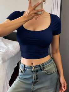 Livesso Women Short Sleeve Top With Tight Fit And Large Round Neckline Summer,Crop Tops Women - Navy Blue - View 1