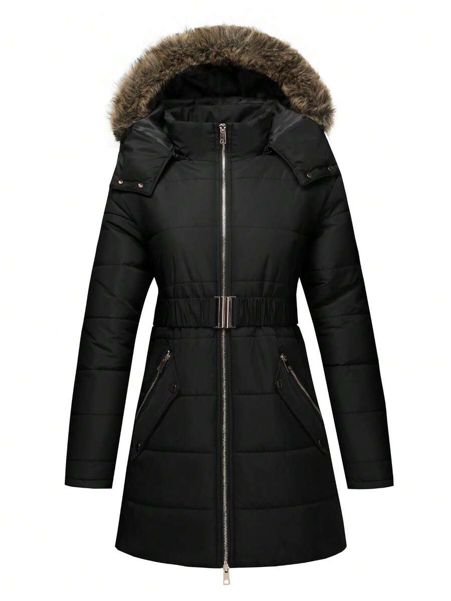 Women's Padded Coat, Casual Versatile Detachable Hooded Zipper Waist Cinched Fashionable Outdoor Solid Color Autumn/Winter Padded Coat - Black - View 1