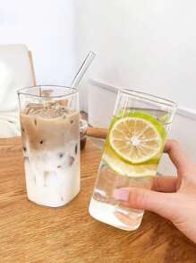 1pc Glass Cup, Square Clear Glass Tumbler With Straw And Lid, Transparent Simple Flat Home Coffee Cup, Clear Straw Bottle, Modern Glass Coffee Cup, Stylish Reusable Drinking Glass For Iced Coffee, Durable And Lightweight Glass Water Bottle, Summer Drink Straw Cup, Portable Water Bottle