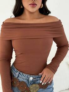 Women's Ribbed Off-The-Shoulder Long-Sleeved Blouse - 鏽棕色 - 查看 2