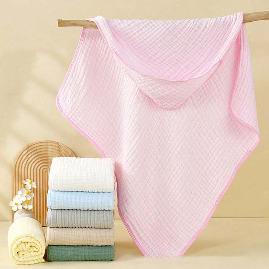 连帽襁褓毯，新生儿医院包巾，纯色平纹细布浴巾，简约纯色 - 彩色 - 查看 1