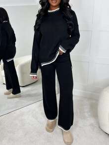 2 Stücke Damen Farbblock Pullover Set, Langarm Rundhals Pullover Top und Hose, Damen Lässig Loungewear Set für Herbst/Winter