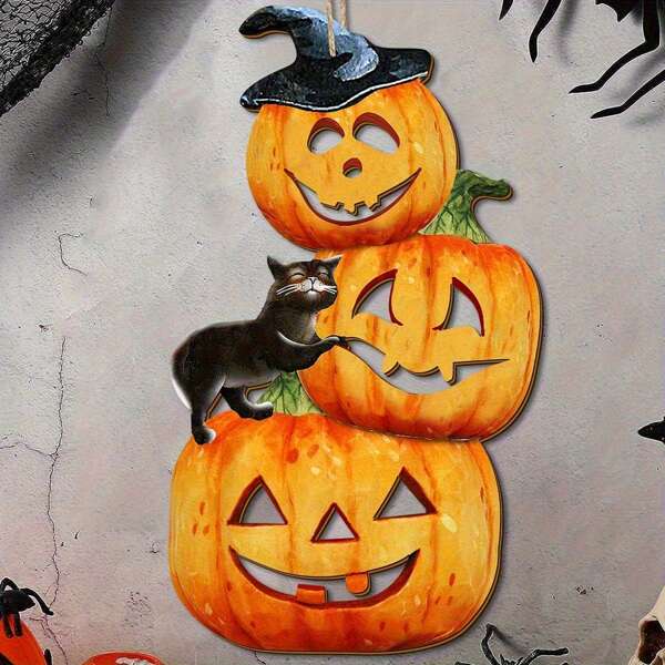 Decoraciones de madera planas en 2D de calabazas de Halloween y sombreros de bruja con gatos negros, adecuadas para fiestas de Halloween, decoración del porche, arte de pared del hogar, decoración de interiores del dormitorio y el jardín