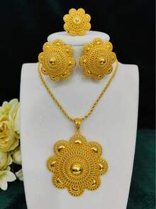 1 Halskette, 1 Ring, 1 Paar Ohrringe Mode Damen Vergoldetes Seil Kreis Anhänger Schmuckset, 3-teilig, geeignet für saudische, nahöstliche, Dubaiische, europäische und amerikanische Bräute, Hochzeiten, Partys, Dates, Kleider, Weihnachten, Neujahr, Valentinstag, Halloween Feiertage, täglichen Gebrauch, Geschenk für Mutter, Freundin, Schwester