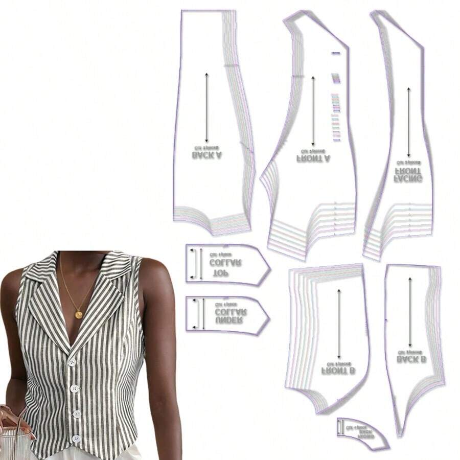 背心多种尺寸缝纫纸样、1:1 比例基本女装缝纫纸样、初学者缝纫纸样和缝纫纸样、服装制作模板、手工服装缝纫纸样 - 棕色 - 查看 1