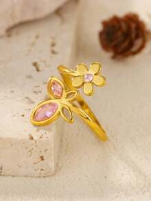 精致不锈钢蓝粉色蝴蝶花戒指，18K 镀金防褪色开口戒指，适合女士，婚礼夏季假日黄金首饰，送给妈妈/挚友的礼物