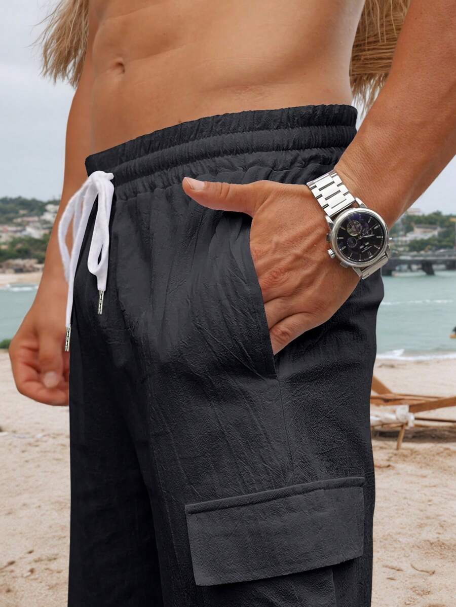 2025 European Style Running Shorts Men Sexy Elastic Wiast Board Shorts Male Stand Pockets Casual Beach Short Pants White Black  Tropical    Pocket  Drawstring