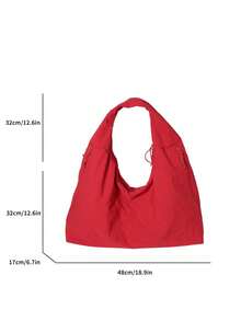 2025 Spring/Summer New Red Nylon Fabric Handbag, Large Capacity Solid Color Shoulder Bag, Casual Loose Style Tote, Versatile College Campus Bag, Simplistic Fashion Satchel, Short Trip Travel Bag, Dual Zipper Side Pockets, Crescent Shape - Red - View 8