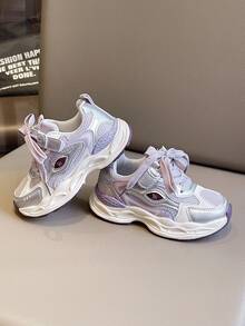 女童运动鞋，新款儿童皮革和网眼拼接休闲鞋，中大童女孩跑步运动鞋 - 紫色 - 查看 4