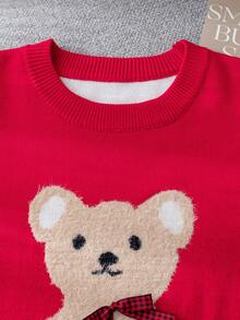 Girls Cute Bear & Bow Knitted Pullover Sweater, Suitable For Daily, Vacation, Spring, Autumn, Winter - Red - View 4