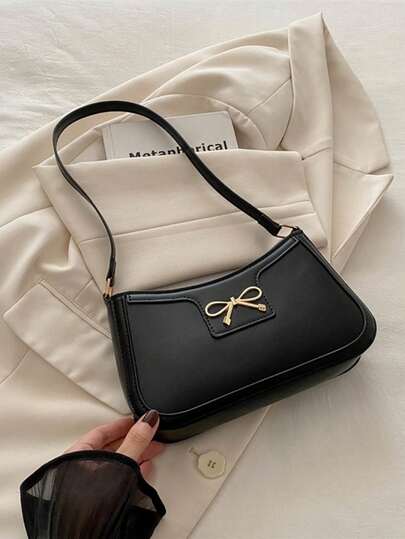 SHEIN MOD Nuevo bolso de mujer de moda informal de piel de PU con diseño de un solo hombro, disponible en negro, caqui y con lazo, con herrajes metálicos