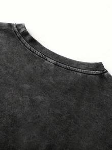 大码女式深色金属风格标语“支持当地图书馆”印花夏季服装，复古做旧水洗T恤上衣，休闲简约风格，非常适合日常穿着，圆领短袖设计，非常适合外出或夏季旅行。 - 黑色 - 查看 5