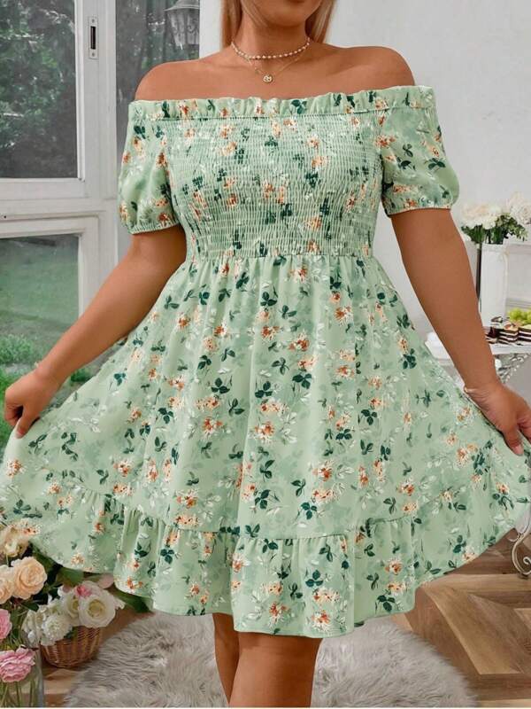 ​Women's Plus Size Off Shoulder Floral Print Dress Comfortable Stretchy Fit For Summer Parties Casual Outings​