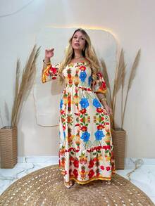 Women's Long Dresses All-Over Print Floral Knot Ruched Ruffle Hem Beach Summer - Yellow - View 1