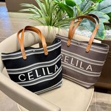 Women Tote Bags - 字母大橫條-黑色 - 查看 4