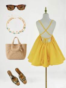 Sexy Backless A-Line Mini Dress, Butter Yellow Spaghetti Strap Dress, Suitable For Vacation, Back To School Party, Homecoming, Halloween Costumes #GalaNight