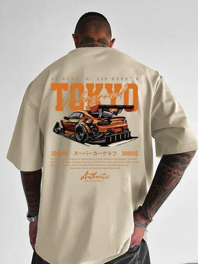 Camiseta casual de manga corta con cuello redondo y estampado de letras de carreras para hombres talla grande en verano