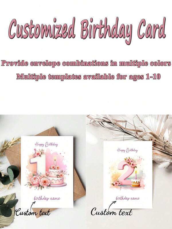 1 set di biglietti di auguri personalizzati per compleanni, carte commemorative, varie combinazioni di modelli e buste per bambini di età compresa tra 1 e 10 anni, biglietti con testo modificabile e schede informative dettagliate e stampabili. Un regalo molto adatto per i bambini.