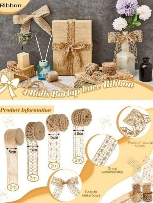 4 Rollos (2 Metros/Rollo) de cinta de arpillera natural de yute, cinta de malla adecuada para manualidades DIY de decoración, adecuada para fiestas, bodas, Acción de Gracias, Halloween, Navidad, decoración del hogar