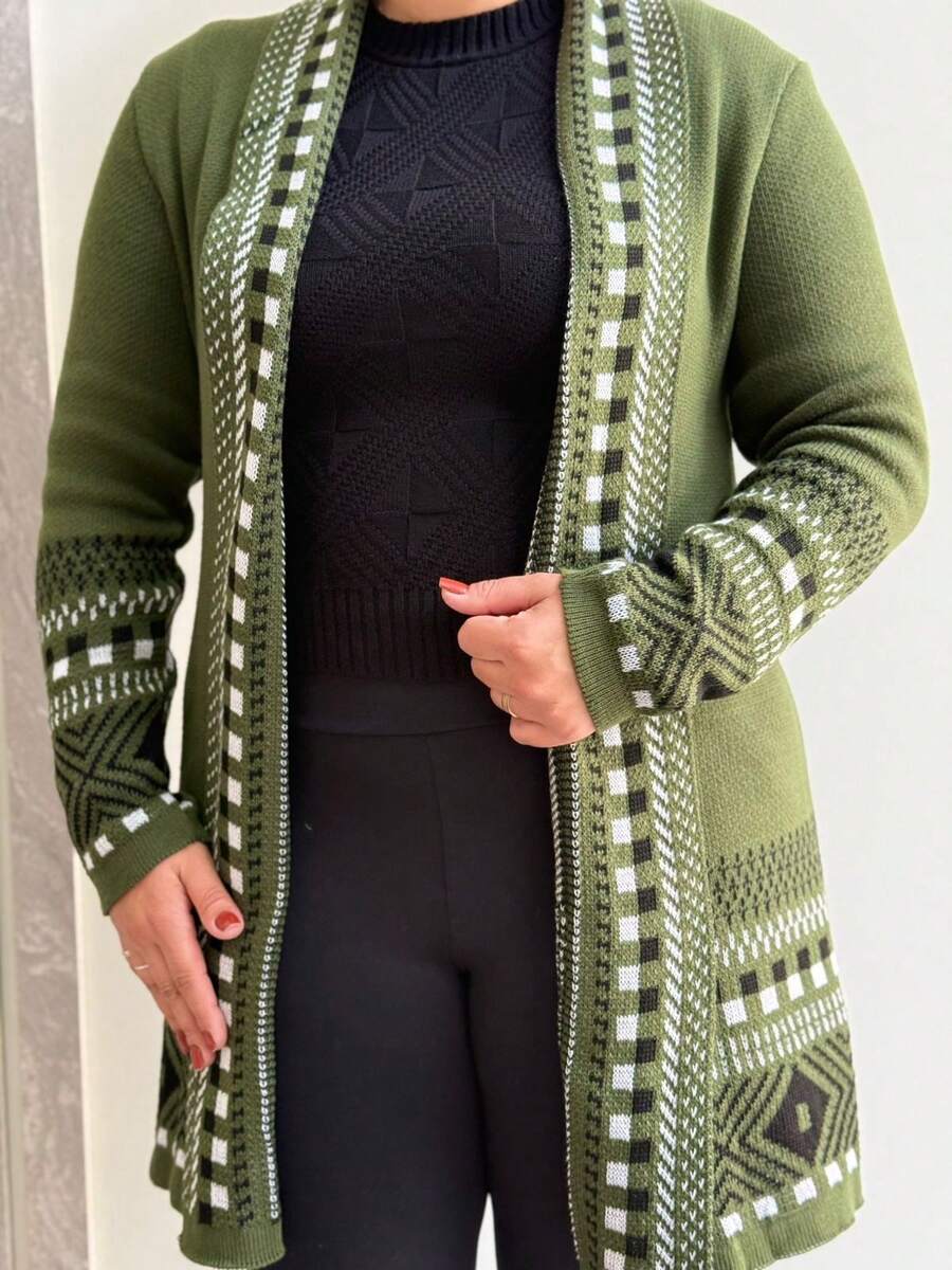 Women's Checkered Kimono Cardigan Teddy Coat Long Sleeve Open Front Elegant Striped Argyle Cute Boho Chic Casual Sexy Fleece-Like Fabric Textured Daily Airport Wear Birthday Party Formal & Evening Holiday - 橄欖綠 - 查看 1