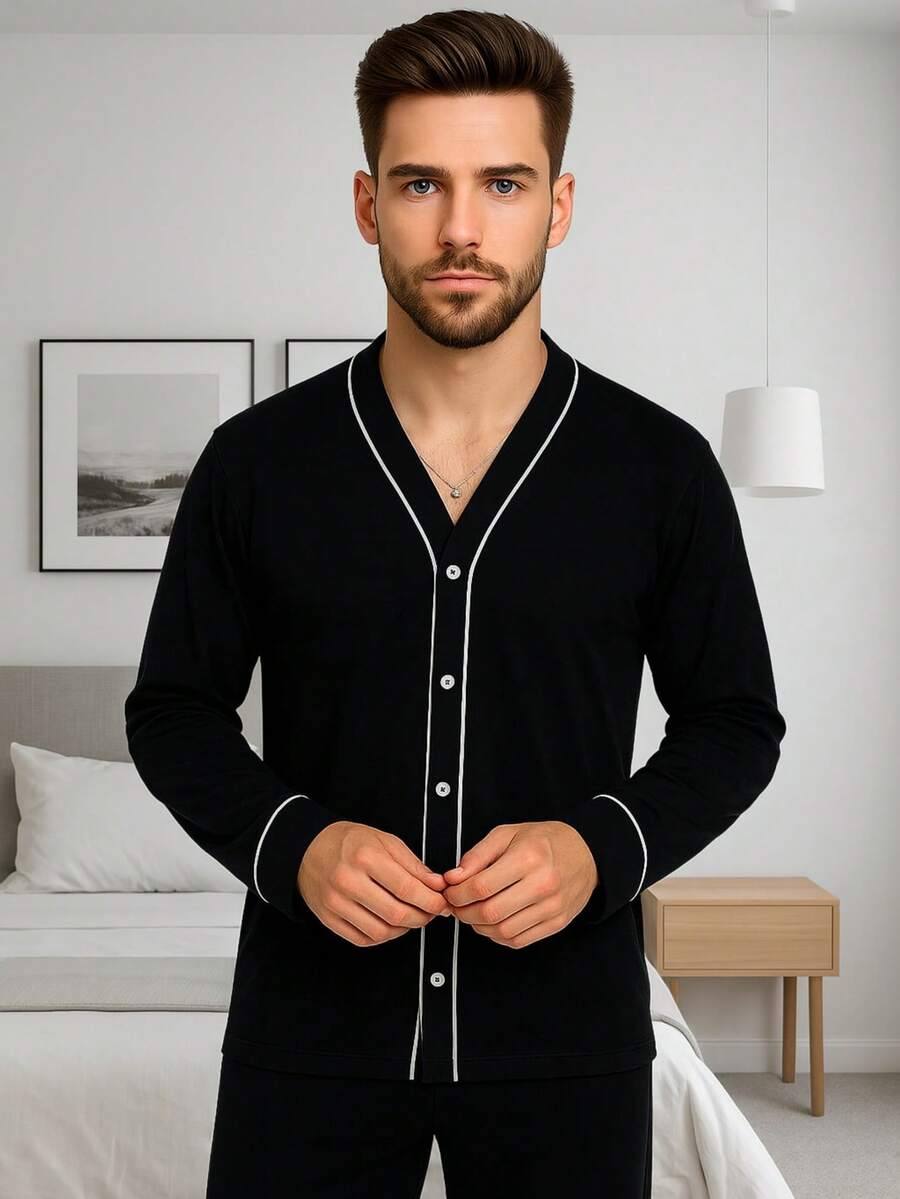 Men's Long Pajamas Adult Long Sleeve Long Pants - 黑色 - 查看 1