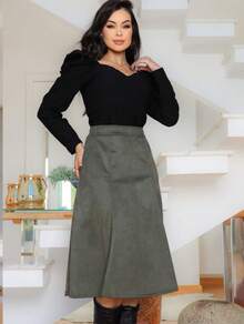 SAIA RODADA NO TECIDO SUED  Simples    Casual    Bolso    Escritório