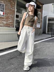 New Style Girls' Utility Pants, Casual Solid Color Trousers For Older Tween Girl