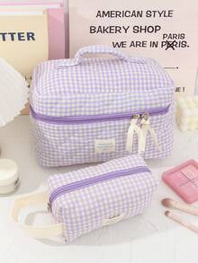 大容量家居收纳整理套装，包含拉链便携旅行洗漱包、经典紫色格子化妆包、柔软绗缝手提包、时尚撞色带提手化妆包、迷你方形卫生巾收纳袋、多功能家居收纳包、女士化妆包、旅行化妆包，是情人节、圣诞节、感恩节、伴娘婚礼的理想礼物。 - 紫色 - 查看 17