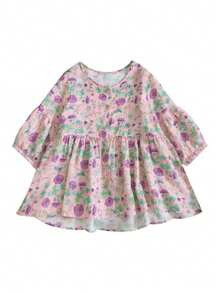 YUXIN Sweet Loose Bell Sleeve Round Neck Blouse, Bat Wing Ditsy Floral Top, Summer Spring - Pink Purple - View 11