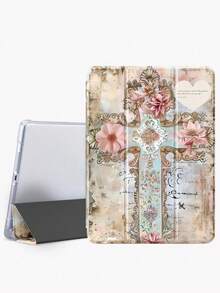 精美花朵字母十字图案透明硅胶减震支架，带笔槽，适用于 Galaxy Tab A8 10.5、S6 Lite 10.4、S7/S8/S9 英寸。支持睡眠唤醒，可作为节日礼物