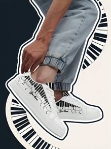 [Music Festival Theme] Custom Name Low-Top Sneakers, PU Upper Panel Shoes, Piano Keyboard Print, Unisex All-Season Casual Wear