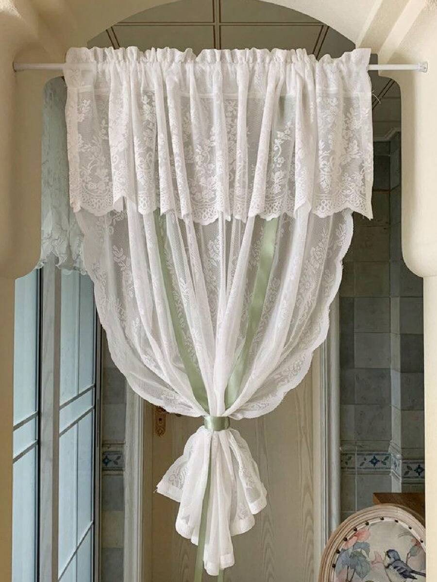 1 件白色蕾丝窗帘帷幔，无需钻孔，适用于厨房、卧室、窗台、门、公主风格薄纱窗帘